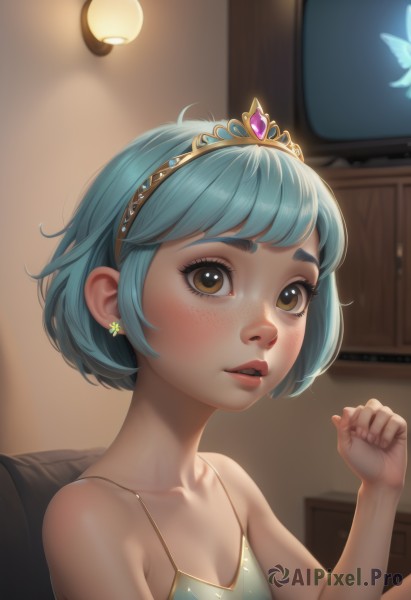 1girl,solo,breasts,looking at viewer,blush,short hair,bangs,cleavage,bare shoulders,brown eyes,jewelry,sitting,blue hair,collarbone,upper body,hairband,earrings,small breasts,parted lips,teeth,artist name,indoors,hand up,blurry,lips,eyelashes,window,aqua hair,blurry background,chair,bug,tiara,butterfly,clenched hand,camisole,freckles,nose,spaghetti strap,lamp,mascara,fingernails,watermark,gem,web address,realistic,fairy