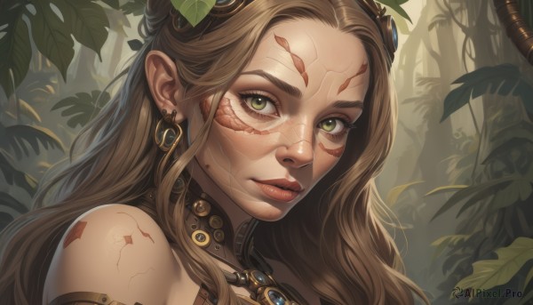 1girl,solo,long hair,looking at viewer,brown hair,hair ornament,bare shoulders,jewelry,green eyes,earrings,outdoors,parted lips,necklace,tree,lips,eyelashes,tattoo,leaf,facial mark,plant,portrait,nature,close-up,forest,realistic,nose,facepaint,tribal,closed mouth,goggles