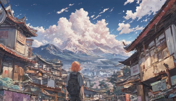 1girl,solo,short hair,brown hair,long sleeves,1boy,holding,standing,jacket,male focus,outdoors,sky,day,cloud,bag,from behind,orange hair,tree,cup,blue sky,bird,backpack,cloudy sky,building,scenery,holding cup,lantern,stairs,mountain,city,railing,facing away,cityscape,architecture,house,east asian architecture,mountainous horizon,town,pagoda,shirt,short sleeves,pants,hood,black pants