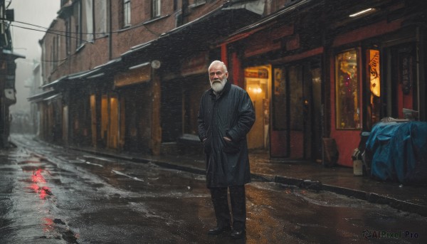 solo,looking at viewer,long sleeves,1boy,standing,male focus,outdoors,shoes,pants,bag,black footwear,coat,facial hair,black pants,building,scenery,beard,hands in pockets,mustache,road,bald,old,old man,street,jacket,white hair,blurry,window,depth of field,bottle,ground vehicle,motor vehicle,rain,black coat,city,sign,realistic,car,power lines,trench coat,trash bag