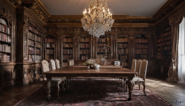 flower,indoors,book,no humans,window,chair,table,sunlight,plant,curtains,scenery,wooden floor,stairs,bookshelf,lamp,candle,vase,library,armchair,carpet,candlestand,rug,chandelier,fireplace