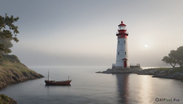 outdoors,sky,day,cloud,water,tree,no humans,ocean,building,scenery,reflection,mountain,sun,watercraft,river,tower,boat,lake,night,moon,nature,lighthouse