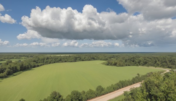 outdoors,sky,day,cloud,tree,blue sky,no humans,cloudy sky,grass,nature,scenery,forest,mountain,horizon,road,field,landscape,path,hill,ocean,bush,green theme