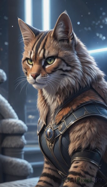 solo,looking at viewer,jewelry,closed mouth,green eyes,upper body,signature,armor,blurry,no humans,blurry background,animal,cat,slit pupils,gem,stairs,animal focus,pillar,whiskers,artist name,from side,realistic,green sclera