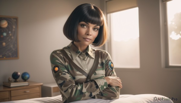 1girl,solo,looking at viewer,smile,short hair,bangs,shirt,black hair,long sleeves,brown eyes,sitting,closed mouth,jacket,upper body,day,collared shirt,indoors,blunt bangs,blurry,uniform,lips,book,military,window,military uniform,blurry background,crossed arms,sunlight,bob cut,realistic,nose,camouflage,globe,dark skin,dark-skinned female,bed,pajamas