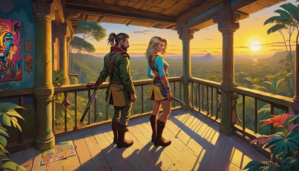 link,1girl,long hair,blonde hair,brown hair,black hair,gloves,long sleeves,1boy,holding,standing,ponytail,weapon,flower,boots,outdoors,sky,pointy ears,belt,pants,sword,cloud,fingerless gloves,holding weapon,tree,shadow,facial hair,brown footwear,holding sword,sunlight,knee boots,plant,sheath,scenery,beard,short ponytail,sunset,pouch,sheathed,mountain,railing,sun,scabbard,tunic,master sword,smile,short hair,skirt,shirt,looking at another,coat,gun,profile,bird,ocean,staff,palm tree,evening,painting (object)