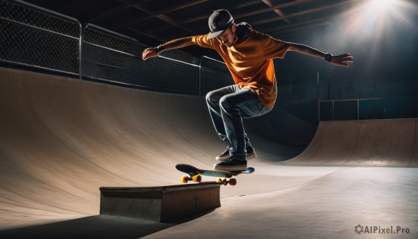 solo,shirt,black hair,1boy,hat,male focus,shoes,shorts,pants,indoors,dark skin,hood,black footwear,black headwear,hoodie,dark-skinned male,outstretched arms,denim,sneakers,baseball cap,watch,wristwatch,orange shirt,balancing,skateboard,long sleeves,outdoors,facial hair,sunlight,sunglasses,jeans,jumping,fence,nike