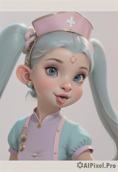 1girl,solo,long hair,looking at viewer,open mouth,blue eyes,simple background,hair ornament,hat,twintails,jewelry,blue hair,upper body,short sleeves,earrings,tongue,puffy sleeves,tongue out,grey background,puffy short sleeves,lips,eyelashes,aqua hair,:p,freckles,realistic,nurse cap,nurse,white background,makeup,cross,nose