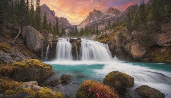 A ethereal sunset outdoors featuring a waterfall