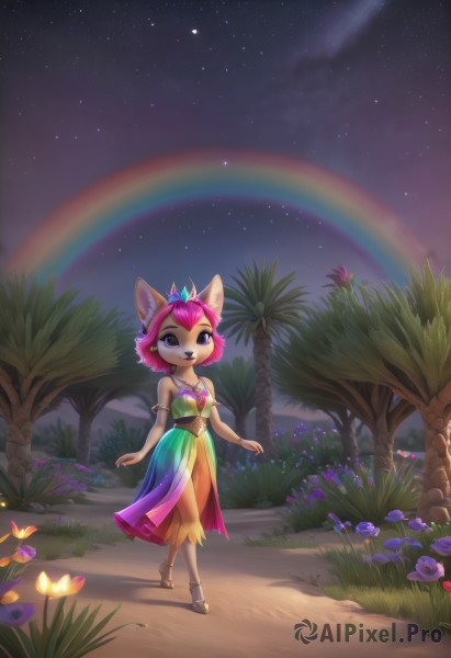 1girl,solo,breasts,smile,short hair,open mouth,bangs,dress,animal ears,bare shoulders,jewelry,standing,purple eyes,collarbone,full body,pink hair,flower,small breasts,outdoors,sky,teeth,sleeveless,artist name,cloud,cat ears,signature,necklace,high heels,tree,night,watermark,sandals,happy,grass,bug,tiara,crown,gem,star (sky),night sky,multicolored clothes,furry,pink flower,armlet,starry sky,walking,palm tree,purple flower,furry female,rainbow,multicolored dress,looking at viewer,tail,ahoge,sidelocks,multicolored hair,shoes,alternate costume,shiny,hand up,black footwear,flat chest,two-tone hair,see-through,fox ears,:3,sleeveless dress,blue dress,half-closed eyes,antenna hair,looking up,red flower,fox girl,light particles,side slit,blue flower,light blush,green dress,yellow flower,spaghetti strap,bush,body fur,yellow dress,white fur,symbol in eye,animal nose,brown fur,two-tone fur,gradient sky,yellow fur,purple sky,buck teeth,tulip,multicolored fur