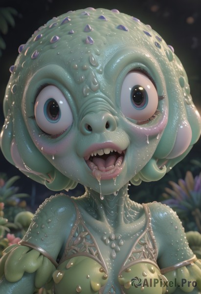 1girl,solo,breasts,looking at viewer,smile,short hair,open mouth,blue eyes,medium breasts,upper body,green hair,teeth,tongue,artist name,blurry,lips,saliva,blurry background,colored skin,fangs,plant,monster girl,wide-eyed,scales,green skin,slime (substance),jewelry,collarbone,flower,small breasts,black eyes,wet,makeup,sharp teeth,drooling,close-up,blue skin,horror (theme)