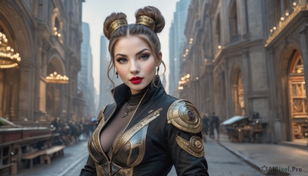 1girl,solo,breasts,looking at viewer,blue eyes,brown hair,black hair,cleavage,jewelry,medium breasts,jacket,upper body,multicolored hair,earrings,outdoors,parted lips,solo focus,day,necklace,hair bun,blurry,lips,grey eyes,double bun,bodysuit,makeup,depth of field,blurry background,lipstick,building,forehead,high collar,city,realistic,red lips,smile,short hair,mole,eyelashes,umbrella,single hair bun,eyeshadow,hoop earrings,nose,road,eyeliner,street,gold