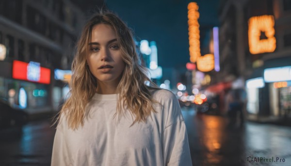 1girl,solo,long hair,looking at viewer,blonde hair,brown hair,shirt,brown eyes,white shirt,upper body,outdoors,parted lips,blurry,lips,looking to the side,night,depth of field,blurry background,ground vehicle,building,motor vehicle,city,realistic,road,street,city lights,blue eyes,sweater,dark-skinned female,car,white sweater,bokeh