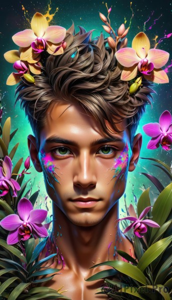 solo,looking at viewer,short hair,brown hair,1boy,closed mouth,green eyes,collarbone,flower,male focus,artist name,dark skin,lips,glowing,facial hair,leaf,watermark,dark-skinned male,plant,portrait,star (sky),pink flower,realistic,nose,facepaint,upper body,hair flower,scar,topless male