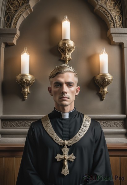 solo,looking at viewer,short hair,blue eyes,blonde hair,long sleeves,1boy,jewelry,closed mouth,upper body,grey hair,male focus,earrings,indoors,cross,robe,realistic,candle,statue,church,candlestand,black robe,priest,necklace,black dress,facial hair,cross earrings