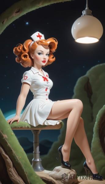 1girl,solo,breasts,looking at viewer,blush,short hair,brown hair,hat,dress,medium breasts,sitting,full body,short sleeves,sky,shoes,puffy sleeves,artist name,signature,nail polish,black footwear,white dress,orange hair,high heels,tree,lips,legs,bare legs,makeup,night,short dress,moon,crossed legs,cross,plant,lipstick,star (sky),red nails,starry sky,curly hair,nurse cap,collared dress,red lips,nurse,stool,planet,red cross,long hair,blue eyes,arm support,rock