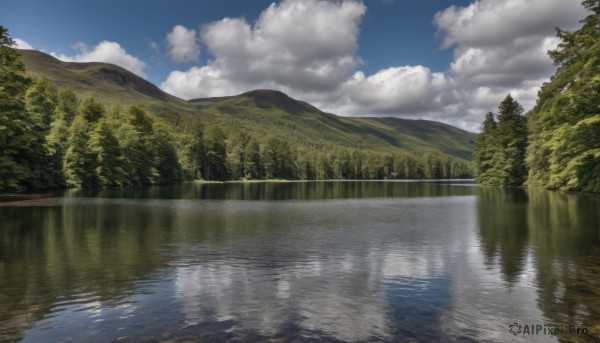 outdoors,sky,day,cloud,water,tree,blue sky,no humans,cloudy sky,nature,scenery,forest,reflection,mountain,river,landscape,lake,reflective water