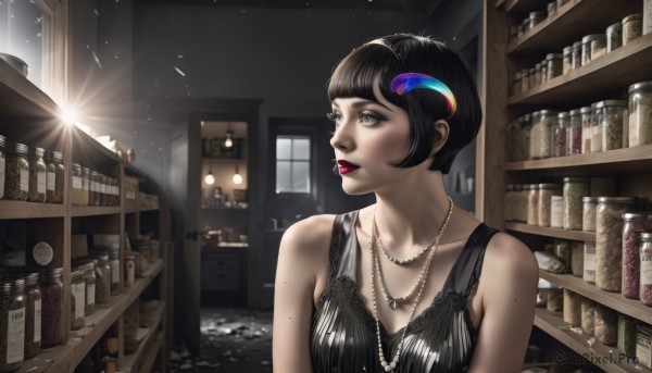 1girl,solo,breasts,short hair,bangs,black hair,hair ornament,dress,cleavage,bare shoulders,jewelry,medium breasts,collarbone,upper body,sleeveless,indoors,necklace,mole,black dress,lips,looking to the side,grey eyes,book,window,makeup,looking away,sunlight,bob cut,feathers,lipstick,mole under mouth,freckles,light rays,realistic,bookshelf,red lips,shelf,pearl necklace,library,jar,black eyes