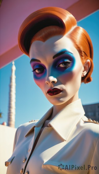 1girl,solo,looking at viewer,short hair,shirt,jewelry,closed mouth,white shirt,upper body,earrings,outdoors,sky,day,collared shirt,orange hair,blurry,uniform,black eyes,blue sky,lips,eyelashes,makeup,buttons,blurry background,lipstick,eyeshadow,red lips,eyeliner,mascara,blue eyes,brown hair,brown eyes,artist name,tree,realistic