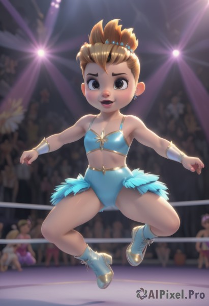 1girl,solo,breasts,looking at viewer,smile,short hair,open mouth,blonde hair,brown hair,navel,brown eyes,jewelry,full body,earrings,small breasts,boots,multiple boys,solo focus,flat chest,leotard,lips,loli,blurry background,aged down,child,jumping,bracer,dancing,crowd,hair ornament,bare shoulders,swimsuit,bikini,feathers,blue bikini,skates