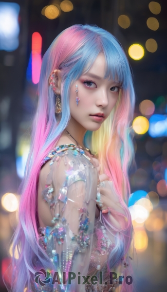 1girl,solo,long hair,looking at viewer,bangs,blue eyes,jewelry,blue hair,upper body,pink hair,multicolored hair,earrings,parted lips,necklace,blurry,from side,two-tone hair,lips,see-through,grey eyes,gradient hair,makeup,depth of field,blurry background,piercing,ring,gem,ear piercing,eyeshadow,realistic,nose,bokeh,mascara,breasts,eyelashes,watermark