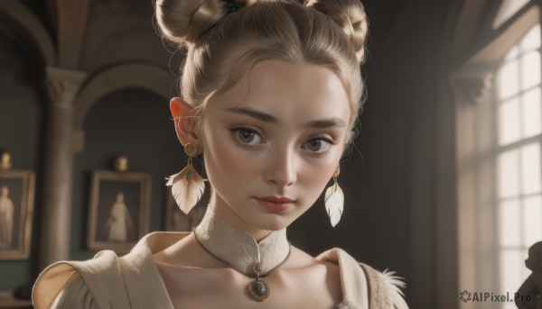 1girl,solo,looking at viewer,short hair,blonde hair,brown hair,dress,brown eyes,jewelry,closed mouth,collarbone,earrings,choker,indoors,necklace,hair bun,white dress,mole,blurry,lips,window,double bun,depth of field,blurry background,feathers,gem,portrait,forehead,realistic,red lips,makeup,detached collar,sunlight,single hair bun,backlighting,nose,white choker,portrait (object)