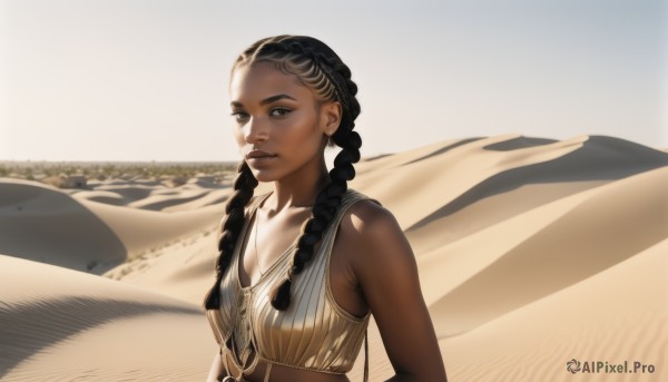 1girl,solo,long hair,breasts,looking at viewer,black hair,cleavage,bare shoulders,twintails,brown eyes,jewelry,collarbone,upper body,braid,small breasts,outdoors,parted lips,day,dark skin,necklace,twin braids,dark-skinned female,lips,hair over shoulder,realistic,nose,sand,very dark skin,desert,multiple braids,smile,dress,medium breasts,earrings,beach,thick eyebrows,wind