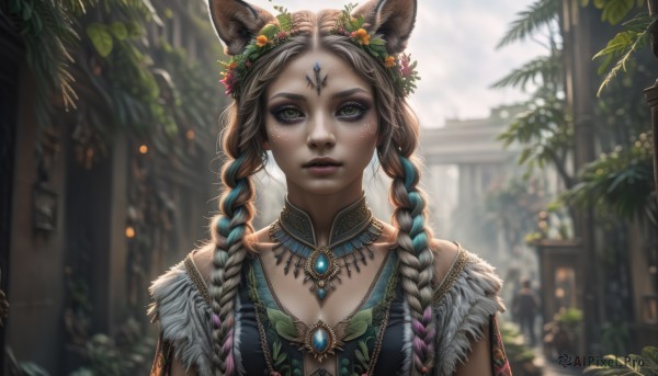 1girl,solo,long hair,breasts,looking at viewer,brown hair,hair ornament,animal ears,cleavage,jewelry,medium breasts,green eyes,upper body,braid,flower,multicolored hair,earrings,outdoors,parted lips,day,artist name,cat ears,signature,hair flower,necklace,blurry,twin braids,two-tone hair,tree,lips,eyelashes,gradient hair,makeup,detached collar,depth of field,blurry background,leaf,facial mark,feathers,plant,slit pupils,gem,eyeshadow,freckles,nose,head wreath,mascara,dress,twintails,closed mouth,blue hair,solo focus,brooch,forehead mark,wreath