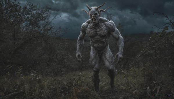 solo,open mouth,1boy,standing,full body,male focus,outdoors,horns,sky,teeth,cloud,tree,no humans,muscular,night,abs,cloudy sky,muscular male,nature,forest,veins,monster,dark,grey skin,horror (theme),night sky,scenery,1other,realistic,branch,giant,no eyes,demon