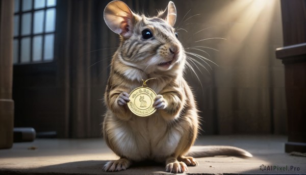 HQ,looking at viewer,blue eyes,holding,standing,full body,day,indoors,blurry,no humans,window,depth of field,blurry background,animal,sunlight,cat,curtains,light rays,realistic,animal focus,coin,mouse,whiskers,solo,one eye closed