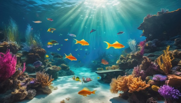 water,no humans,ocean,animal,sunlight,scenery,fish,bubble,light rays,rock,underwater,air bubble,sunbeam,swimming,turtle,coral,seaweed,outdoors,day,caustics,clownfish