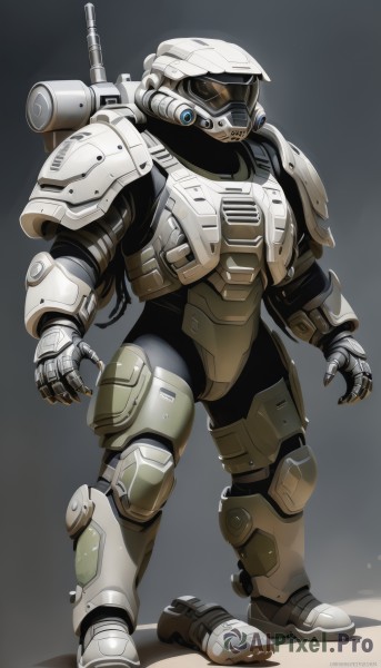 solo,1boy,standing,full body,weapon,male focus,artist name,grey background,armor,gun,no humans,helmet,robot,mecha,1other,science fiction,looking ahead,open hands,power armor,shoulder cannon,bag,looking down,backpack,shoulder armor,pauldrons,weapon on back,full armor,tube