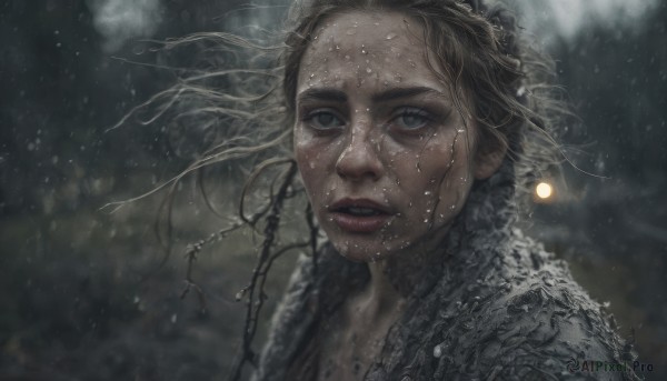 1girl,solo,looking at viewer,short hair,blue eyes,brown hair,jewelry,earrings,parted lips,teeth,blurry,lips,wet,grey eyes,fur trim,floating hair,blurry background,wind,portrait,snow,rain,snowing,realistic,long hair,upper body,outdoors,eyelashes,depth of field,messy hair,freckles