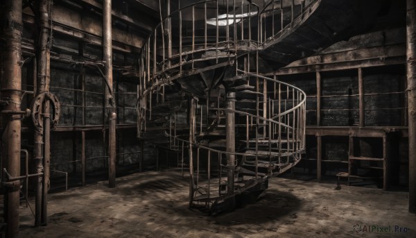 monochrome,outdoors,indoors,dutch angle,no humans,window,scenery,stairs,railing,ruins,industrial pipe,shadow,chair