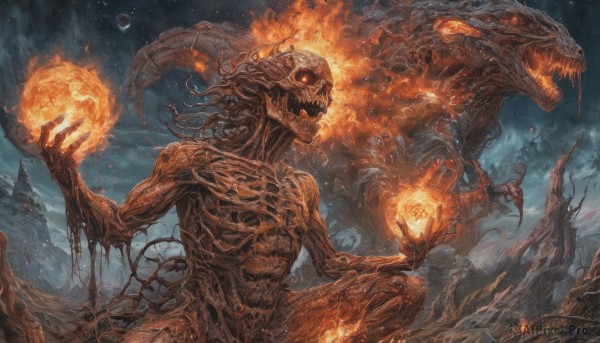 A alien in a picturesque fiery outdoors