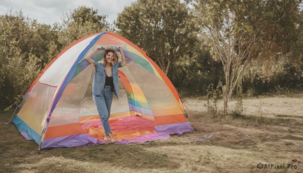 1girl,solo,long hair,smile,open mouth,brown hair,shirt,black hair,1boy,holding,standing,jacket,closed eyes,short sleeves,male focus,outdoors,open clothes,sky,shoes,barefoot,day,pants,arms up,tree,black shirt,open shirt,umbrella,sandals,denim,towel,nature,jeans,wide shot,scenery,photo background