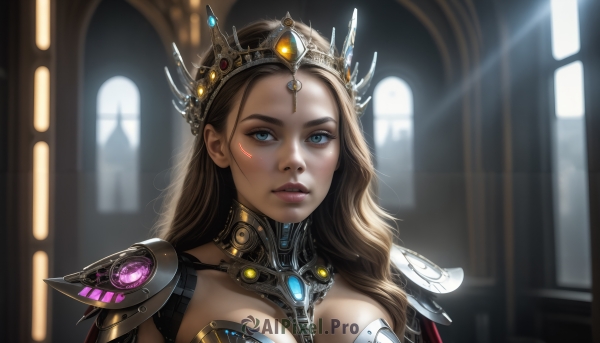 HQ,1girl,solo,long hair,breasts,looking at viewer,blue eyes,blonde hair,large breasts,brown hair,cleavage,medium breasts,upper body,parted lips,artist name,indoors,armor,blurry,lips,eyelashes,window,makeup,blurry background,facial mark,sunlight,tiara,crown,shoulder armor,gem,portrait,forehead,pauldrons,light rays,realistic,nose,shoulder pads,gorget,backlighting