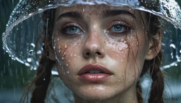 1girl, solo, long hair, looking at viewer, blue eyes, brown hair, green eyes, braid, parted lips, teeth, water, blurry, twin braids, lips, wet, eyelashes, portrait, close-up, rain, water drop, realistic, nose