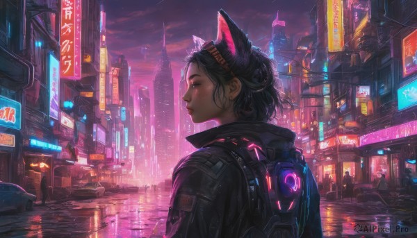 1girl, short hair, black hair, animal ears, jacket, upper body, outdoors, sky, solo focus, cat ears, profile, night, backpack, ground vehicle, building, scenery, motor vehicle, reflection, science fiction, rain, city, sign, realistic, car, road, cityscape, cyberpunk, neon lights