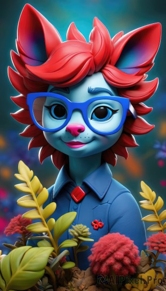 1girl,solo,looking at viewer,smile,short hair,bangs,blue eyes,shirt,animal ears,jewelry,closed mouth,upper body,flower,red hair,glasses,collared shirt,artist name,signature,blurry,black eyes,makeup,buttons,blurry background,watermark,blue shirt,plant,brooch,red flower,furry,freckles,outline,mouse ears,furry female,white outline,badge,blue-framed eyewear,buck teeth,holding,flat chest,lips,eyelashes,colored skin,leaf,spiked hair,blue skin,holding flower