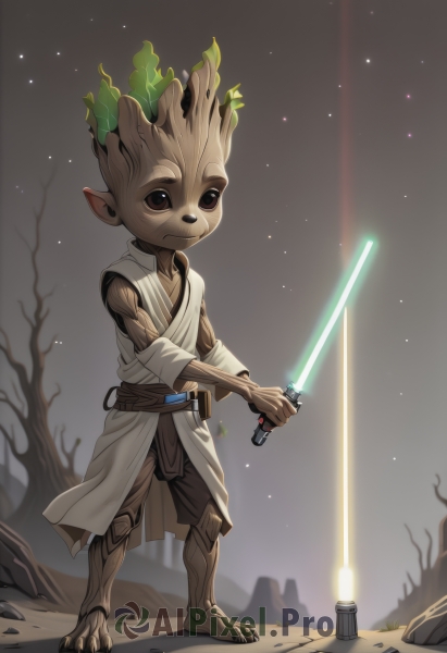 solo,1boy,holding,brown eyes,standing,full body,weapon,male focus,outdoors,sky,barefoot,pointy ears,belt,sword,tree,night,star (sky),furry,starry sky,robe,furry male,alien,energy sword,lightsaber,brown hair,animal ears,signature,holding weapon,parody,holding sword,crossover,science fiction,fantasy,male child,cyborg,tunic