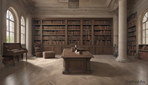 day,indoors,tree,book,no humans,window,shadow,chair,table,sunlight,plant,curtains,instrument,scenery,light rays,wooden floor,stairs,bookshelf,candle,book stack,library,piano,ladder,candlestand,1girl,solo,school uniform,sleeping,couch,desk