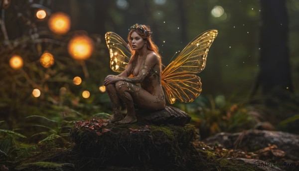 1girl,solo,long hair,breasts,brown hair,hair ornament,cleavage,bare shoulders,jewelry,medium breasts,sitting,flower,nude,outdoors,wings,barefoot,pointy ears,orange hair,blurry,tree,lips,depth of field,blurry background,leaf,bug,plant,nature,light particles,forest,realistic,fantasy,fairy wings,fairy,head wreath,bokeh,hands on own knees,butterfly wings,moss,tree stump,looking at viewer,red hair,artist name,hair flower,necklace,sunlight,grass,rock,nose,dirty,fireflies,dirty feet