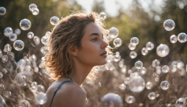 1girl, solo, short hair, blue eyes, blonde hair, brown hair, jewelry, upper body, earrings, parted lips, blurry, from side, lips, profile, depth of field, blurry background, looking up, bubble, realistic, nose, stud earrings