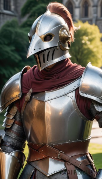 solo,1boy,standing,upper body,weapon,male focus,outdoors,day,belt,sword,cape,armor,blurry,tree,blurry background,helmet,shoulder armor,gauntlets,facing viewer,1other,pauldrons,breastplate,red cape,brown belt,faulds,knight,full armor,ambiguous gender,covered face,helm,chainmail,plate armor,visor (armor),plume,1girl,depth of field