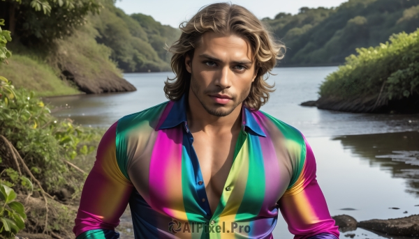 HQ,solo,looking at viewer,brown hair,shirt,1boy,brown eyes,closed mouth,upper body,male focus,outdoors,day,striped,collared shirt,medium hair,water,tree,lips,muscular,buttons,facial hair,pectorals,plant,nature,multicolored clothes,beard,curly hair,striped shirt,realistic,stubble,partially unbuttoned,pectoral cleavage,river,lake,multicolored shirt,open clothes,vest,open shirt,blue shirt,forest