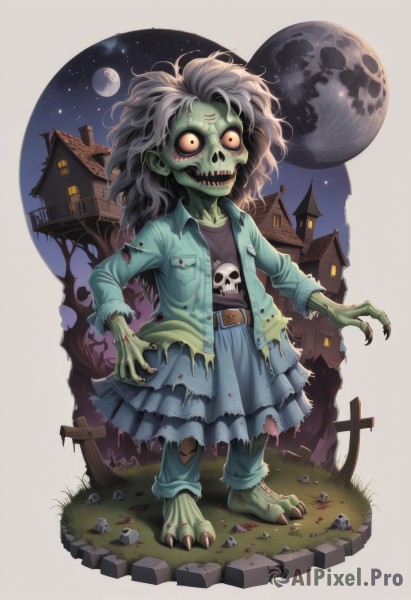 1girl,solo,long hair,open mouth,skirt,shirt,red eyes,standing,jacket,full body,grey hair,outdoors,open clothes,sky,barefoot,teeth,belt,pants,open jacket,tree,blue skirt,torn clothes,blood,night,colored skin,moon,grass,cross,denim,sharp teeth,monster girl,blue jacket,building,messy hair,child,star (sky),night sky,claws,full moon,starry sky,skull,jeans,brown belt,green skin,house,grey skin,torn shirt,zombie,torn pants,torn skirt,horror (theme),tombstone,fewer digits,goblin,denim jacket,torn jacket,undead,dress,yellow eyes,ghost,dirty,graveyard