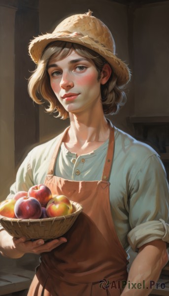 1girl,solo,looking at viewer,blush,smile,short hair,blue eyes,brown hair,shirt,hat,holding,closed mouth,standing,collarbone,white shirt,upper body,food,indoors,apron,lips,grey eyes,fruit,blue shirt,sleeves rolled up,freckles,realistic,nose,straw hat,apple,basket,overalls,holding basket,bangs,brown eyes,thick eyebrows,bowl,sleeves pushed up