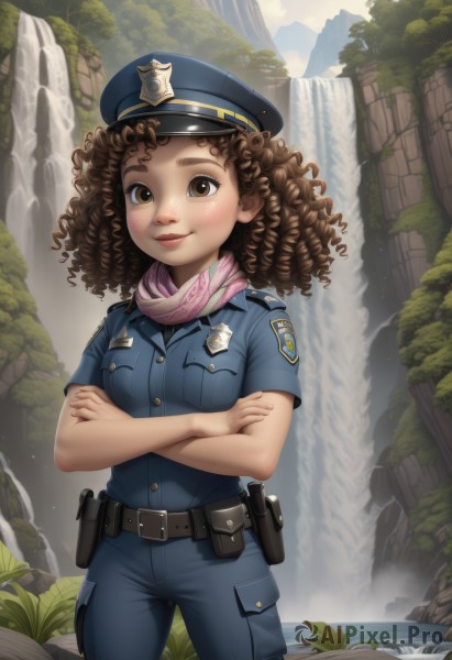 1girl,solo,long hair,breasts,looking at viewer,smile,brown hair,hat,brown eyes,closed mouth,standing,short sleeves,cowboy shot,small breasts,outdoors,day,belt,pants,signature,dark skin,water,scarf,uniform,dark-skinned female,lips,buttons,crossed arms,blue headwear,freckles,curly hair,pocket,pouch,breast pocket,badge,belt pouch,police,police uniform,waterfall,policewoman,police hat,blush,leaf,rock