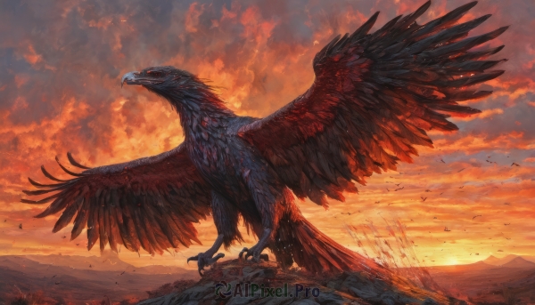 solo,open mouth,red eyes,standing,tail,outdoors,wings,sky,cloud,no humans,bird,cloudy sky,feathers,scenery,feathered wings,claws,flying,sunset,monster,mountain,dragon,scales,talons,spread wings,red sky,from side,glowing,orange sky